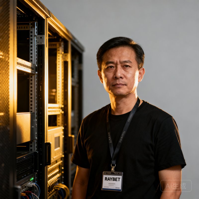 一位35岁左右的亚洲男性工程师肖像，黑色T恤，站在服务器机架前，暖色灯光从侧面打来，表情坚毅，佩戴RAYBET工牌