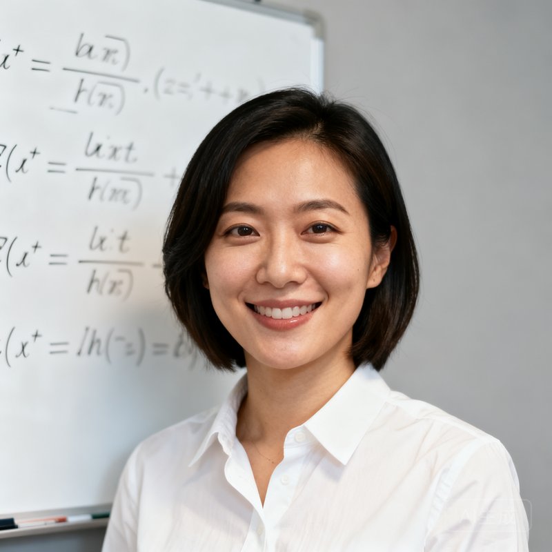 一位30岁出头的亚洲女性数据科学家肖像，穿着白色衬衫，站在白板前写满数学公式，微笑中透着专业气质
